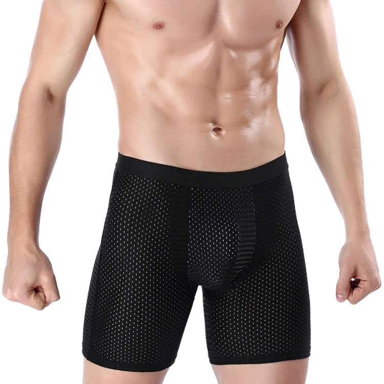 Men's sports underwear long ice mesh eye sexy breathable boxer briefs running wear leg long pants