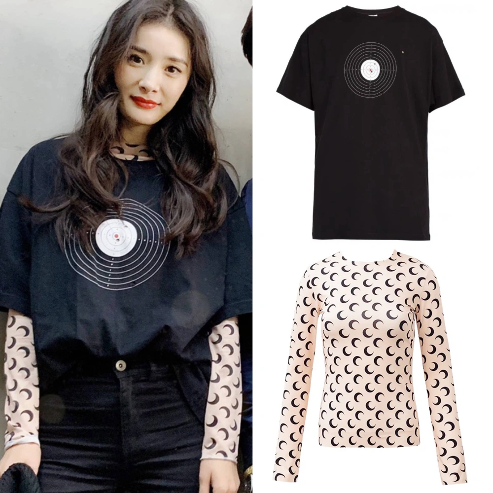Blackpink Kim Jennie Yang Power''s Moon Printed Long Sleeve T-shirt Elastic Clothes