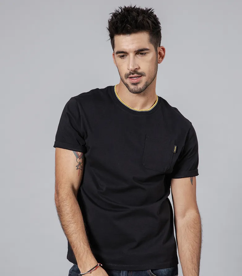 SIMWOOD summer new contrast color neckline T-Shirt men 100% cotton cover high quality big size brand clothing