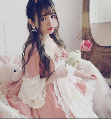 Vintage Dolly Princess Women's Lolita Dress Three Quarter Hime Sleeve Cute Silk Flannel Dress European One Piece Pink & Red