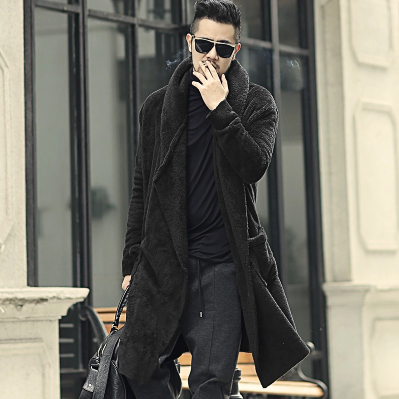 Autumn men's shawl long plush warm coat type men's fur long version hooded cardigan coat F7149