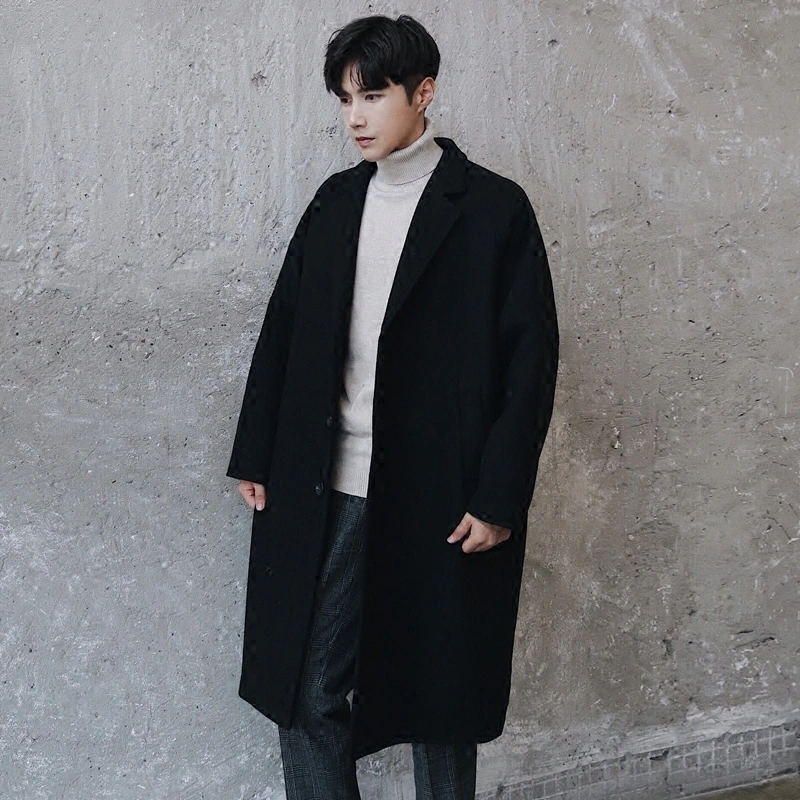 Autumn and winter England handsome woolen coat men's long men's windbreaker Korean version of the loose youth woolen coat tide