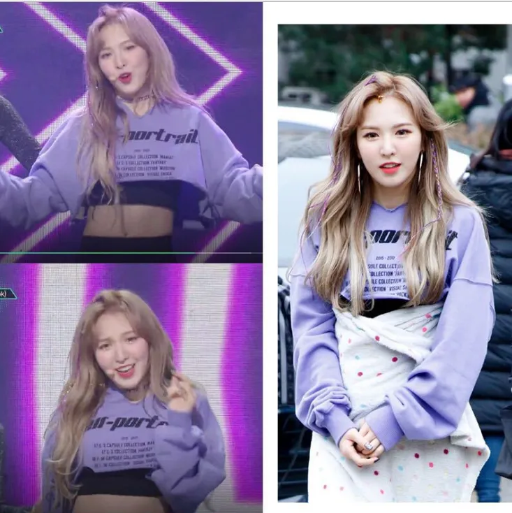 Wendy with the same PEEK A BOO letter printed high waist exposed navel sweater