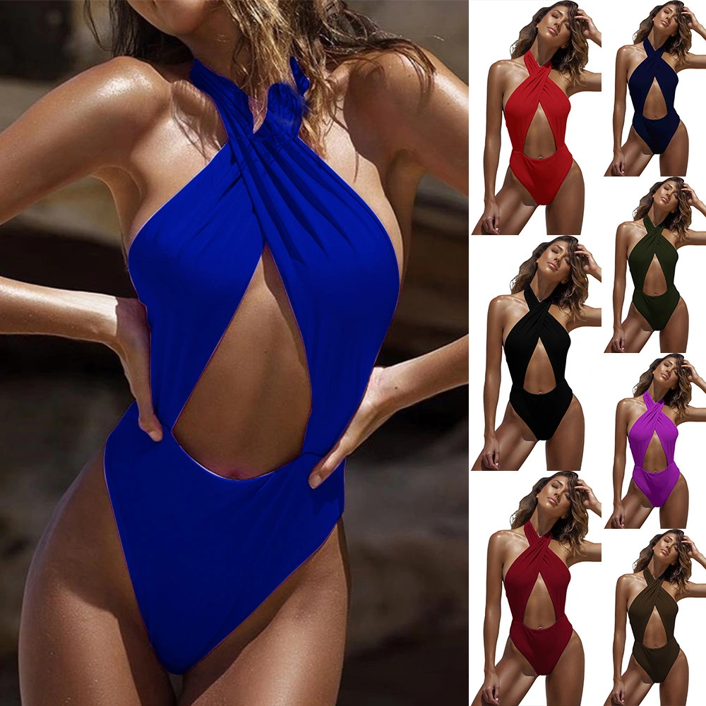 Cross-hanging neck piece multi-color tight-fitting swimsuit