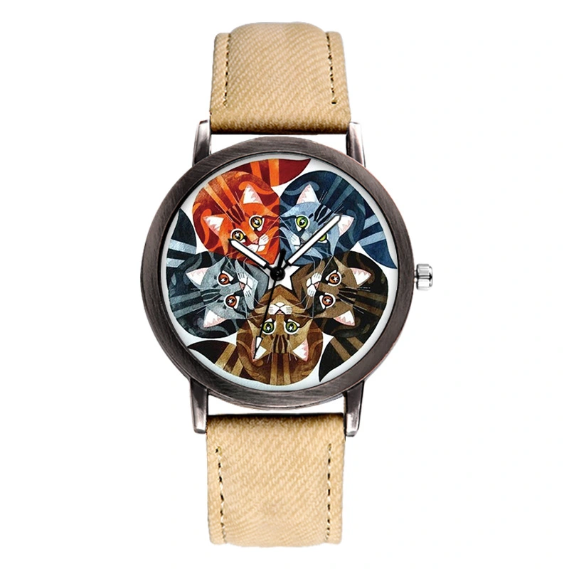 Colorful Cat Dial Design Ladies Black Case Watch