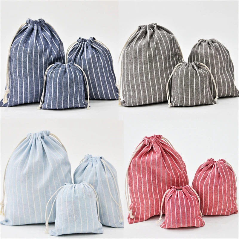 Striped cotton linen drawstring pocket