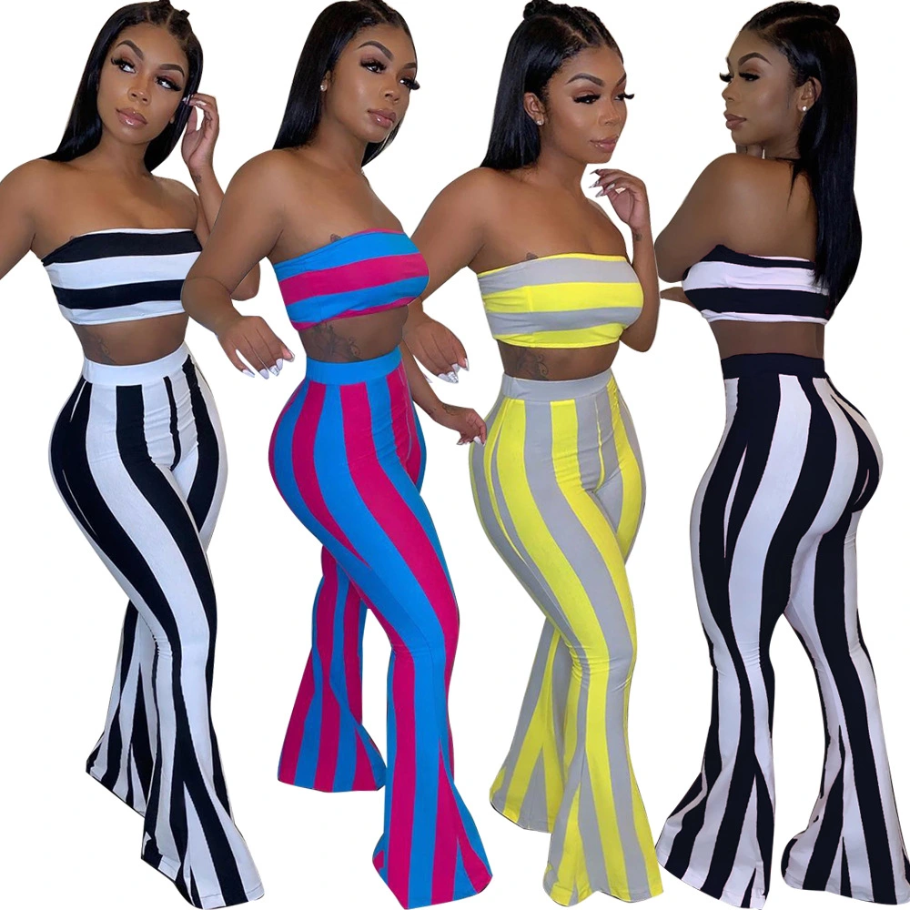 Chest wrap + bell-bottom striped suit