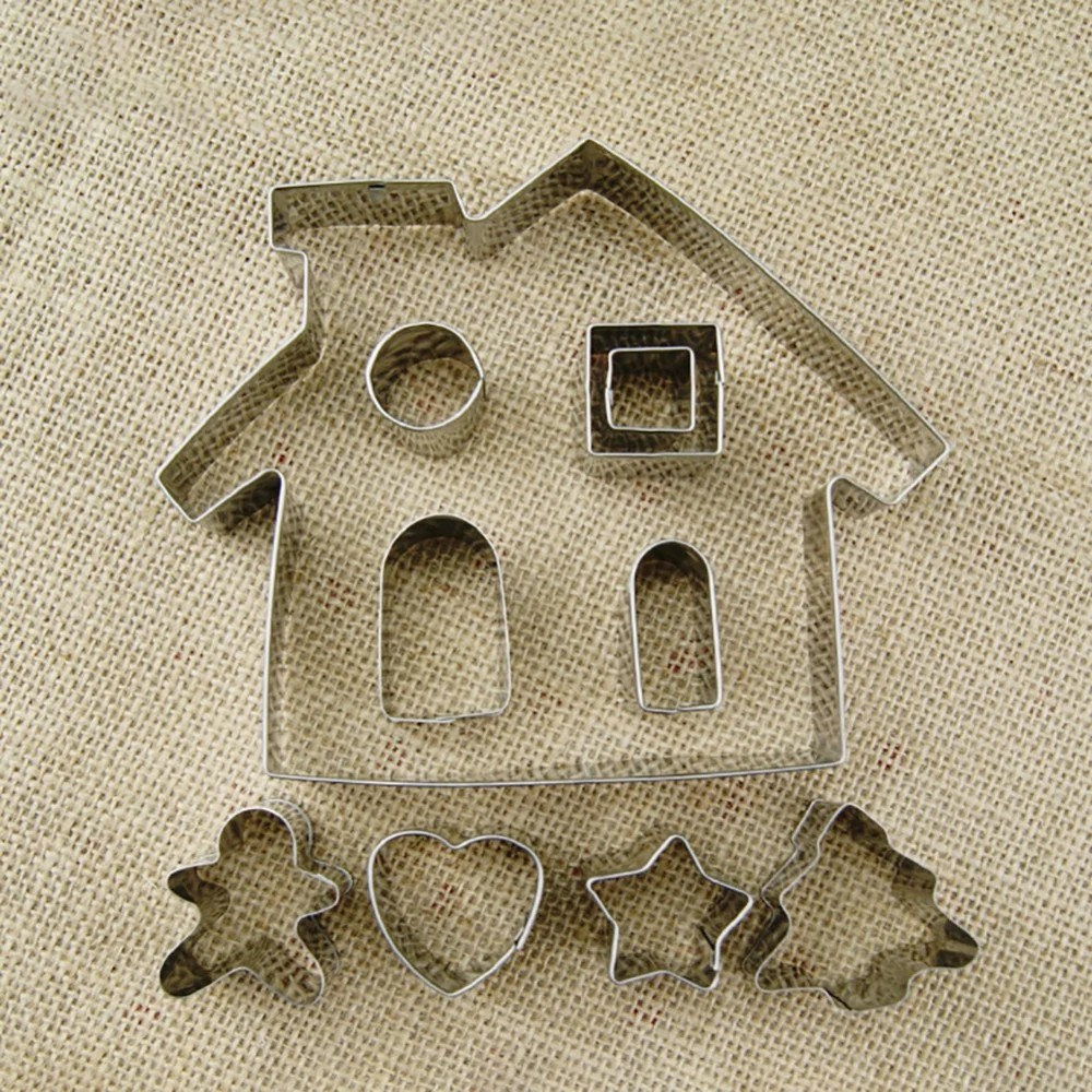 10pcs 3D Gingerbread house Stainless Steel Christmas Scenario Cookie Cutters Set Biscuit Mold Fondant Cutter Baking Tool