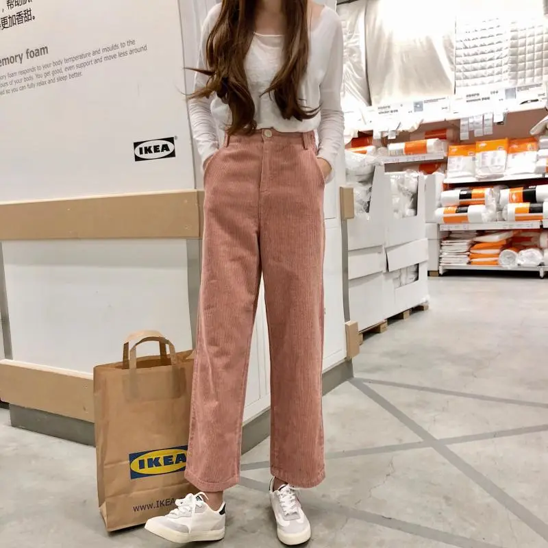 Student corduroy wide leg elastic waist straight pants