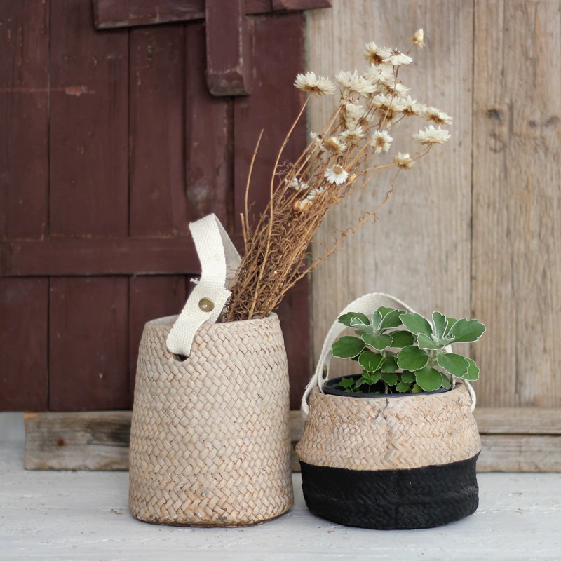 Imitation straw woven cement flower pot