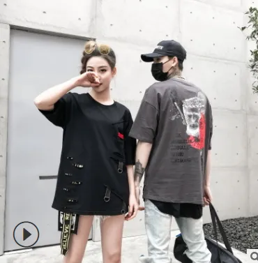 Loose Hole T-shirt Ribbon Patch Decoration Men and women Lovers Street Dance Short-sleeved T-shirt