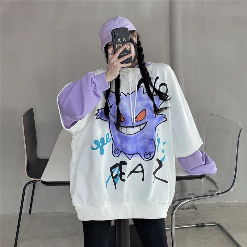 Loose BF Wind Fake Two-Piece Splicing Thin Graffiti Plus Velvet Sweater Jacket Women