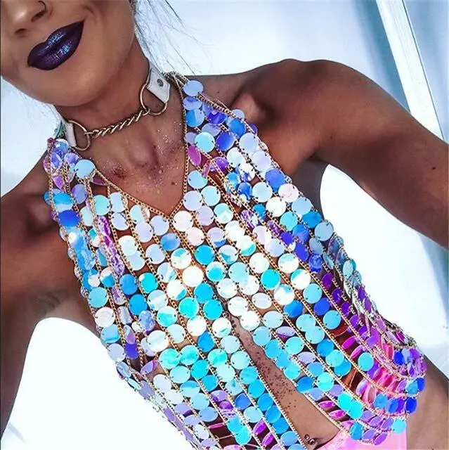 Vefinear 2021 Summer Hot Sexy Fahion Women Top Paillette Bling Bling Sequined Night Party Club Wear Tassel Metal Ladies Tops