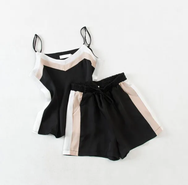 V-neck contrast color sling top + high waist wide-leg shorts fashion two-piece suit female tide summer new sleeveless