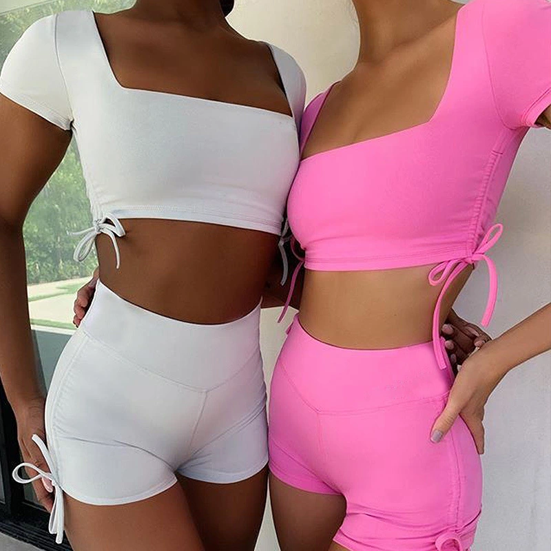 Women's Square Neck Short Sleeve Back Sexy Sports Suit