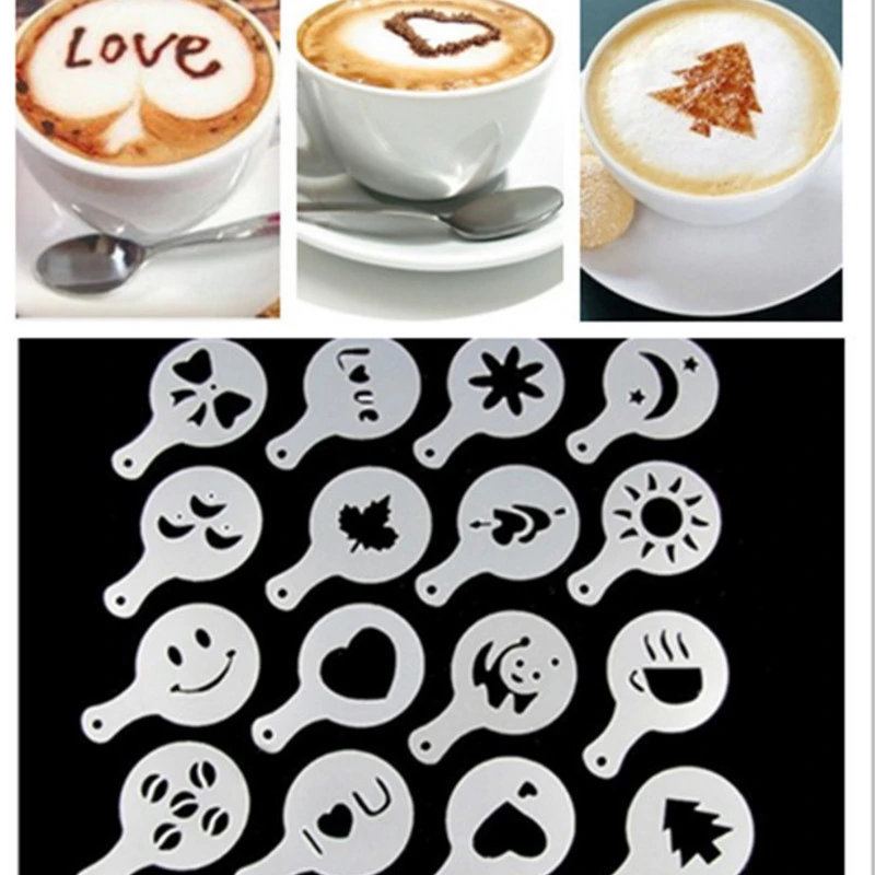 16PCS/set Plastic Cafe Foam Spray Template Barista Stencils Decoration Tool Garland Mold Fancy Coffee Printing Flower Model