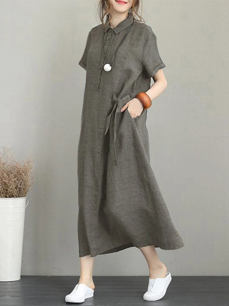 Women Casual Button Down Casual Loose Short Sleeve Dress with Pockets