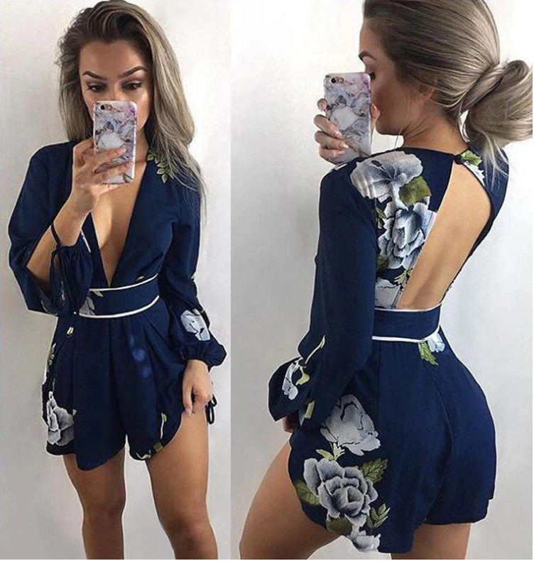 Sexy V-neck halter print long-sleeved one-piece short skirt