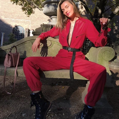 Red jumpsuit street sexy zipper