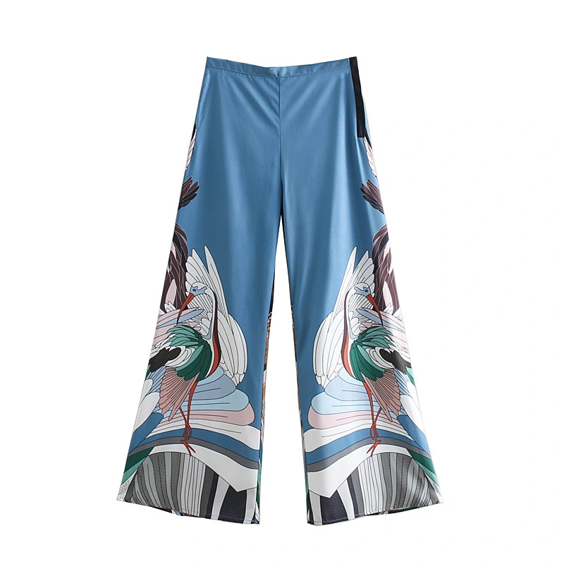 Women's crane print wide-leg pants