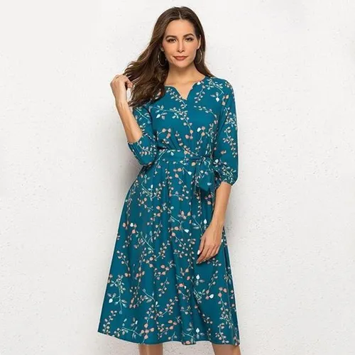 Spring and summer women's V-neck cropped sleeve A-line print dress Casual lace-up dress