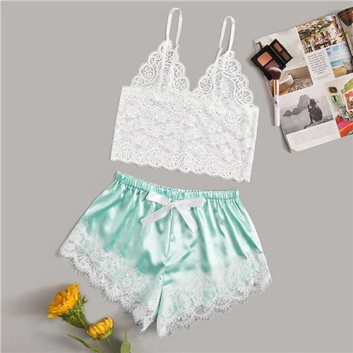 Lace two-piece suit with suspenders