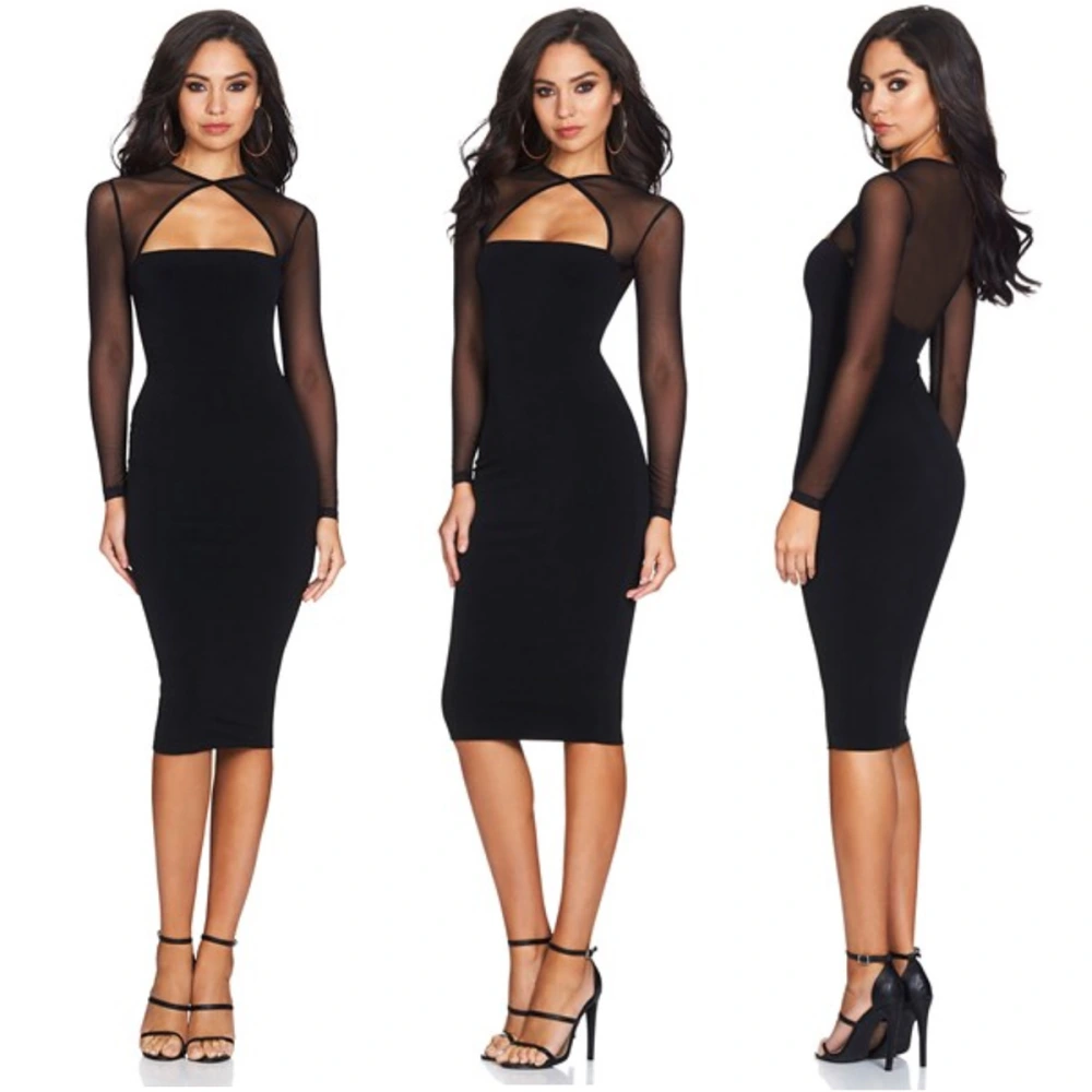 USA Size Black long sleeve autumn and winter sexy perspective mesh stitching fleece dress