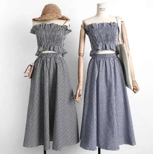 Short section thin tube top blouse + high waist plaid big swing skirt long skirt two-piece suit