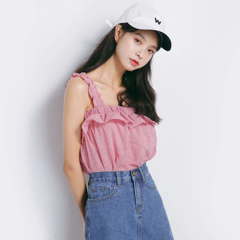 2021 summer Korean version of the new sweet wooden earmuffs shirt bottoming shirt women's slim slimming sleeveless vest