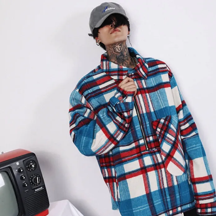 OVERSIZE blue check a half zipper Korean version of the high street couple models Quan Zhilong with the BF wind wool jacket