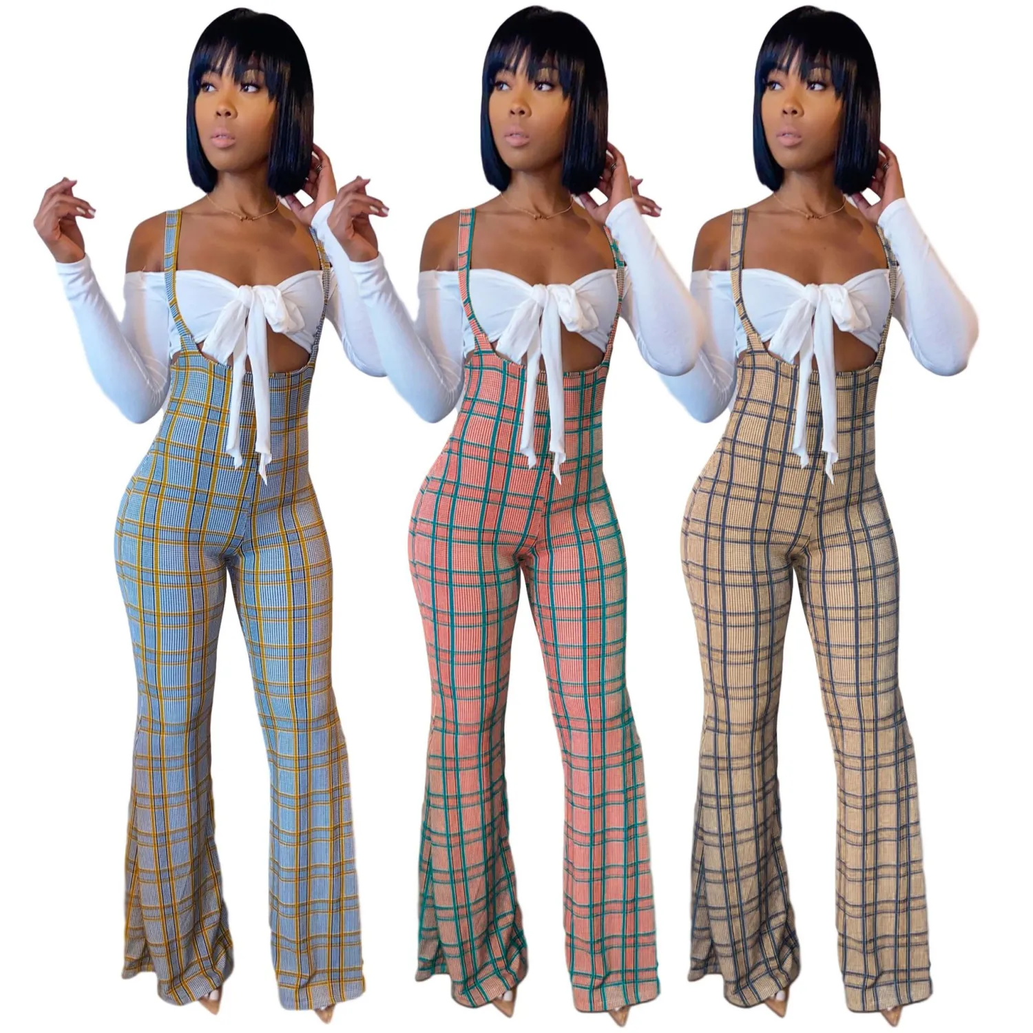 Two-piece chest-wrapped check print jumpsuit