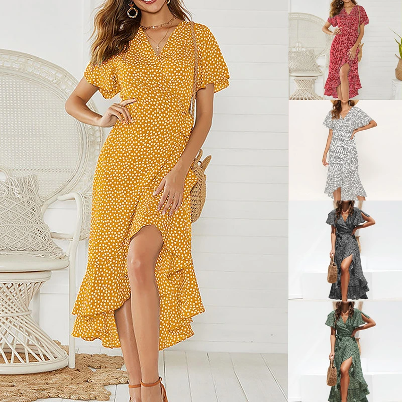 High waist lace-up V-neck sexy chiffon swing irregular dress