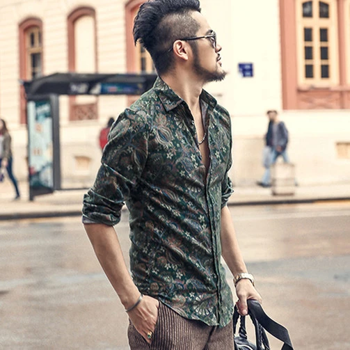 2021 autumn new print long-sleeved shirt male British slim shirt type male casual flower shirt S2334-2