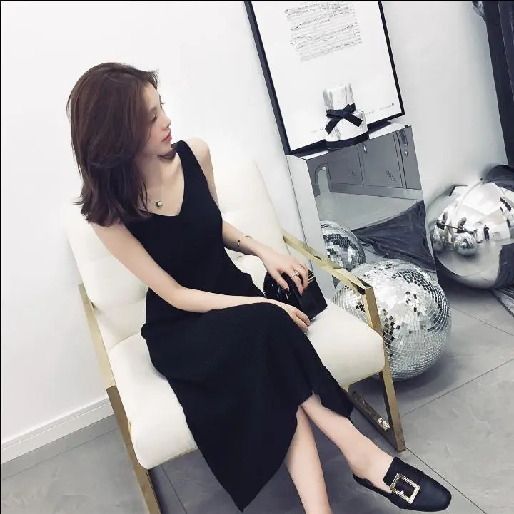 V-neck knit sling black tank top dress