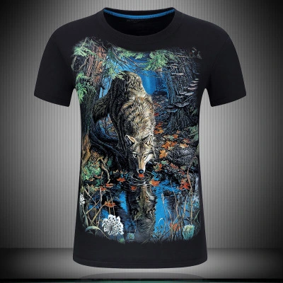 Men's short sleeved 3D T-shirts pure cotton tide brand character printing collar loose plus fertilizer increase half sleeve shirt T drinking water Wolf