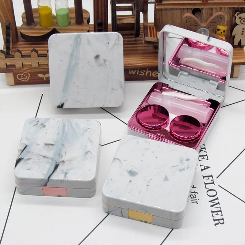 Square Contact Lenses Case Marble Surface Mirror Lens Container Box Travel Eye Contacts Holder Cover Soaking Contact Lenses