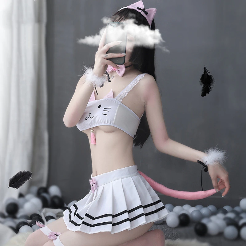 Sexy Bow Pleated Skirt Cute Cat Bra Split Suit