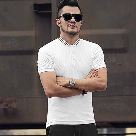 Summer Men's Stand Collar Polo Shirt Trendy Men's Slim Black Collarless Polo Shirt Henry Collar Short Sleeve