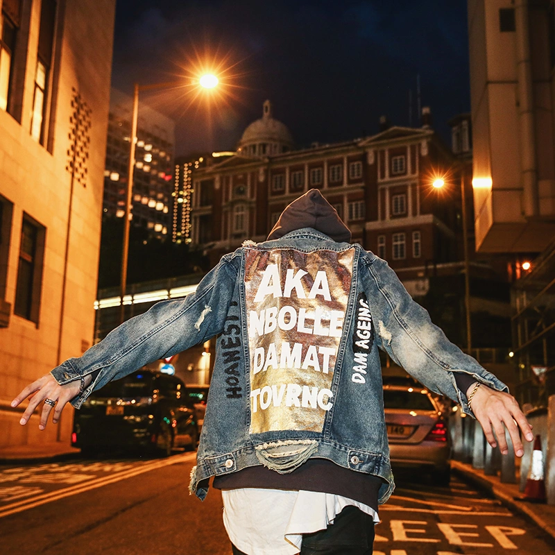 Denim jacket male European and American hip hop jacket men's loose trend  youth handsome hole denim clothing
