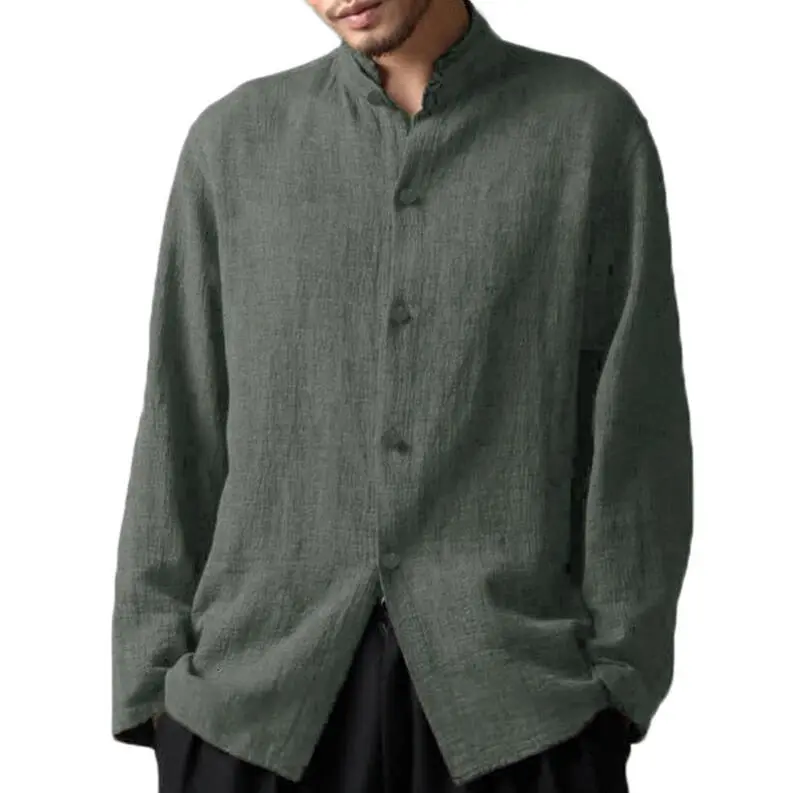 Mens Vintage Chinese Style Cotton Stand Collar Casual Long Sleeve Loose Shirts