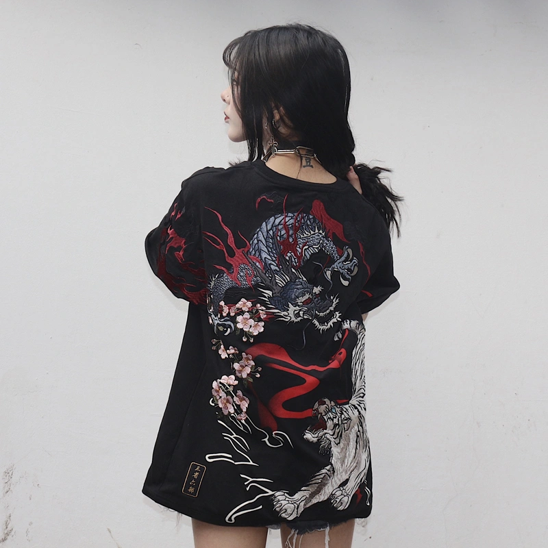 Dragon and Tiger Fighting Embroidered Loose Short Sleeve
