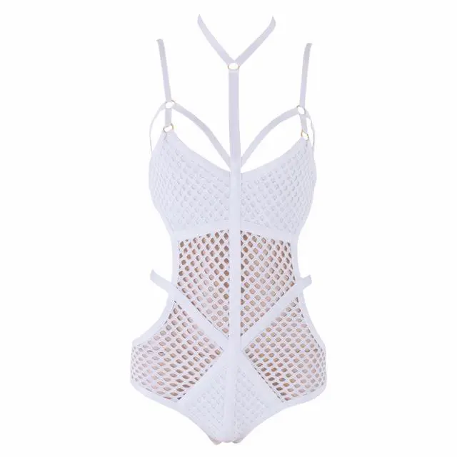 Black Rayon Cross Halter Neck Grid Perspective Knitted Sexy Ladies New Fashion Bodycon Bandage Bodysuits