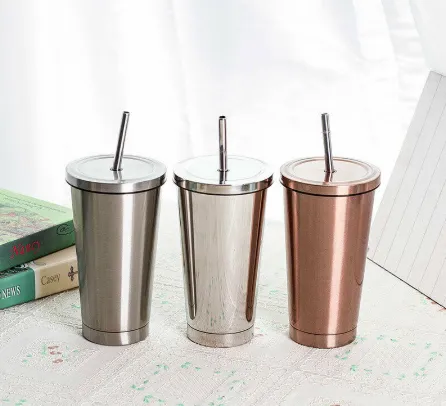 500ML Stainless Steel Empty Tumbler Coffee Cup Mug with Straw Lids Drinking Bottles