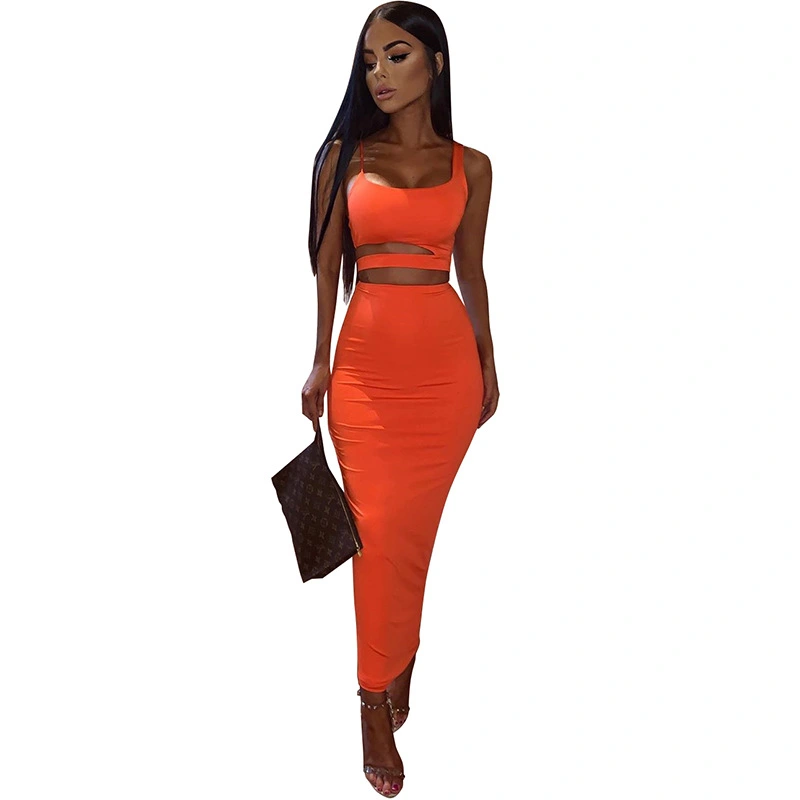 Round Neck Strap Hollow High Waist Skirt Suit