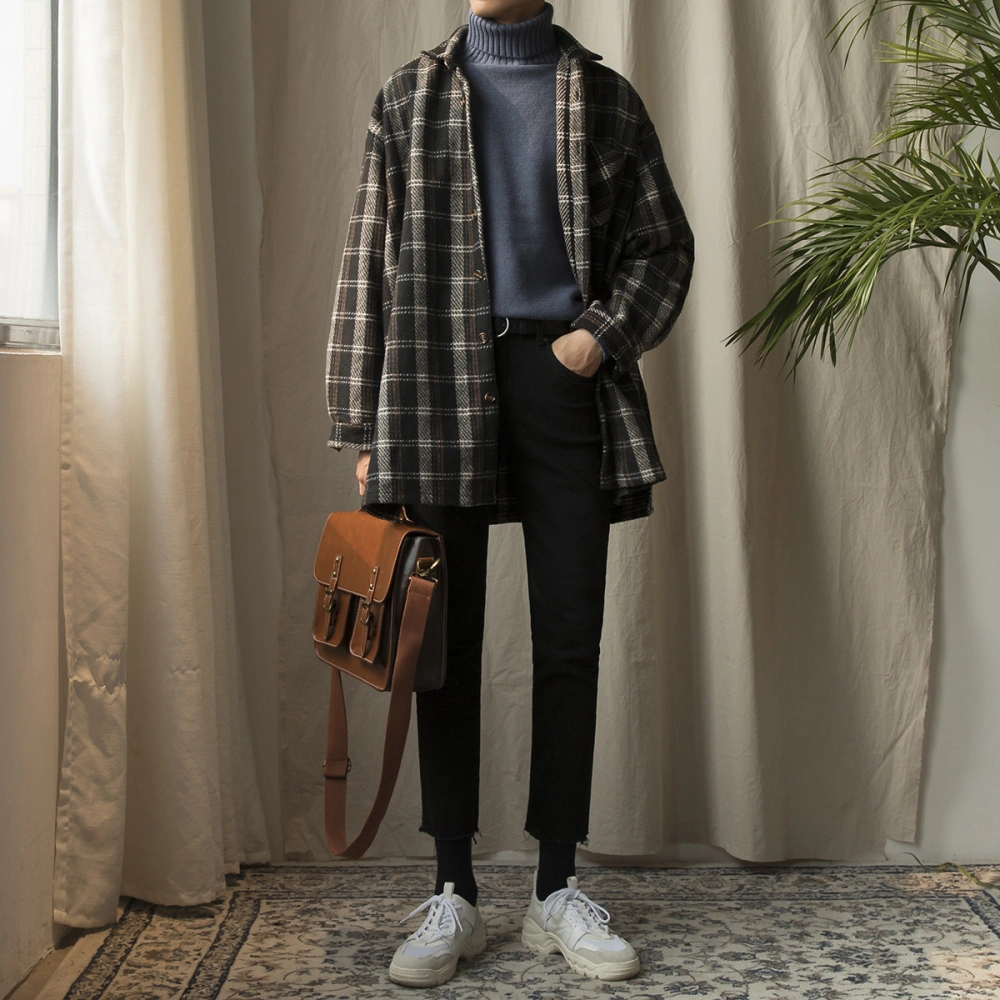 Autumn and winter day retro woolen coat men's long shirt 2021 new plaid shirt thickening