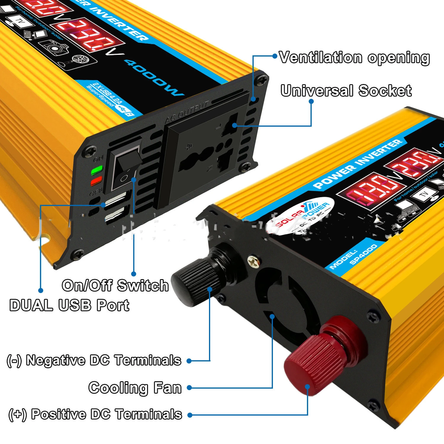 Inverter 12V300W Dual USB Voltage Display