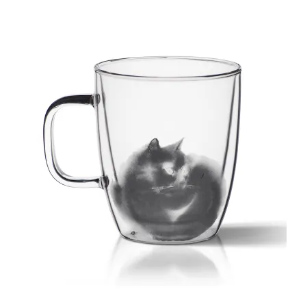 Hand blown high temperature glass double insulation hand coffee cup cat art mug