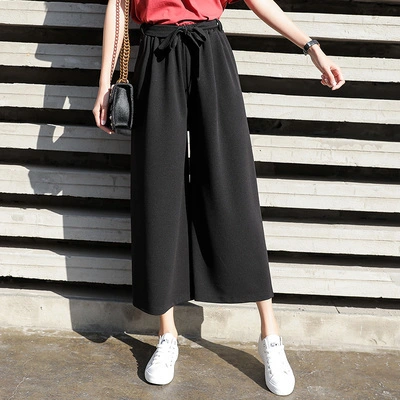 Wide leg pants female spring summer new Korean version of Broadway loose Chiffon leisure straight tie lace nine points waist waist pants