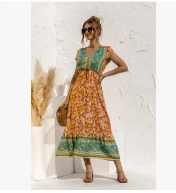 Short Sleeve Button Lace Up Positioning Flower Stitching Dress Long Skirt