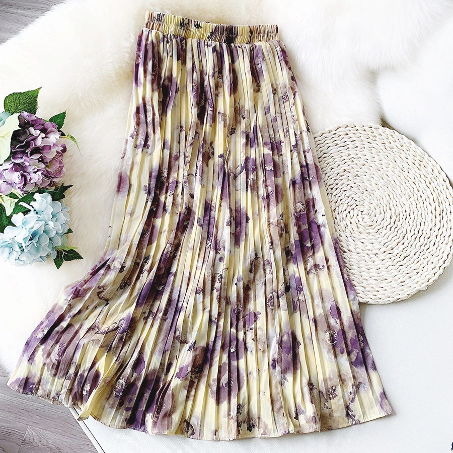 Vintage Print Chiffon Skirt Mid-Length Ink Painting Skirt